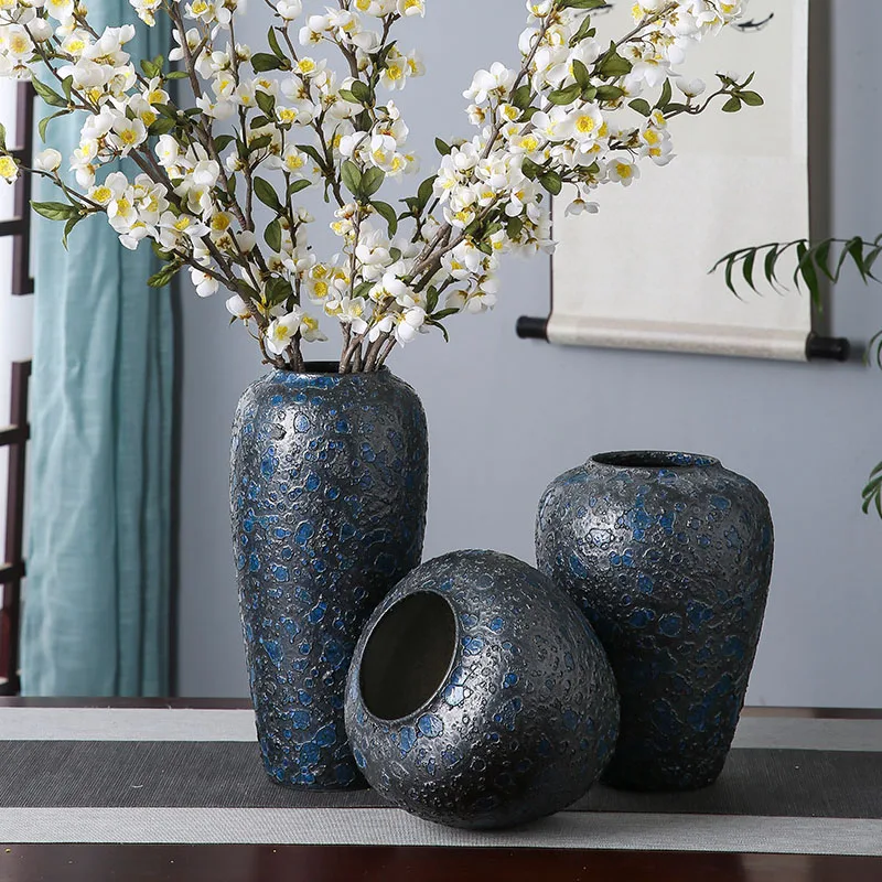 

Creative Bubble Glaze Old Blue Ceramic Vase Flower Pot Modern Home Flower Arrangement Accessories