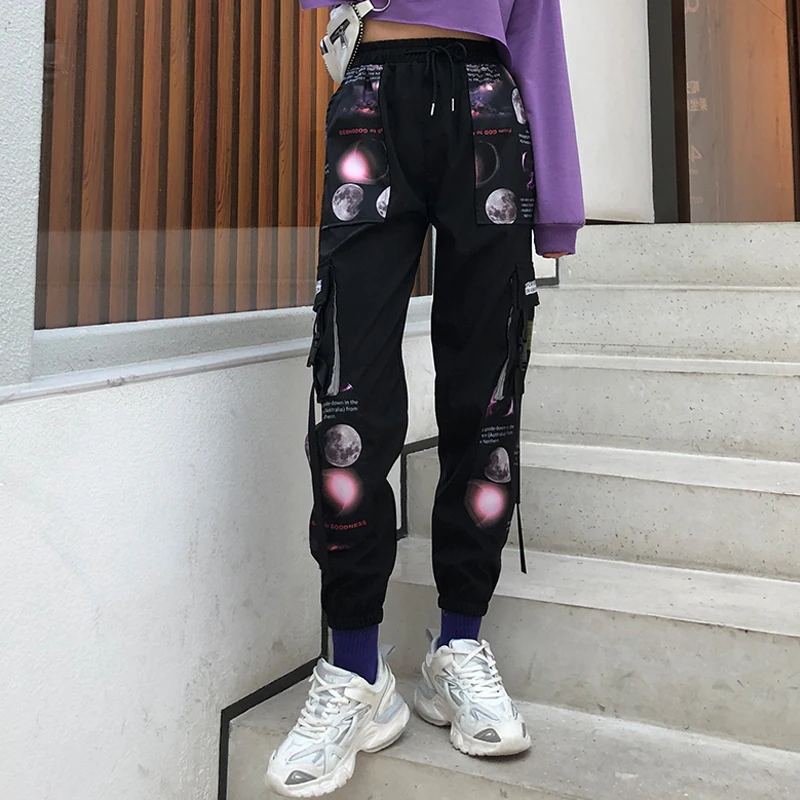 Фото Брюки-карго женские с эластичным поясом Модные свободные штаны для бега уличная