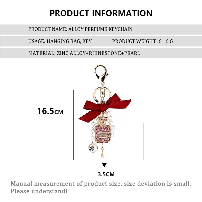Creative hand-studded perfume bottle alloy key chain charm bow pearl pendant ladies bag mobile phone case pendant Birthday Gift