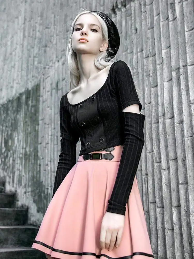 Женские готические короткие футболки в полоску с вырезами стиле панк PT-448TC |