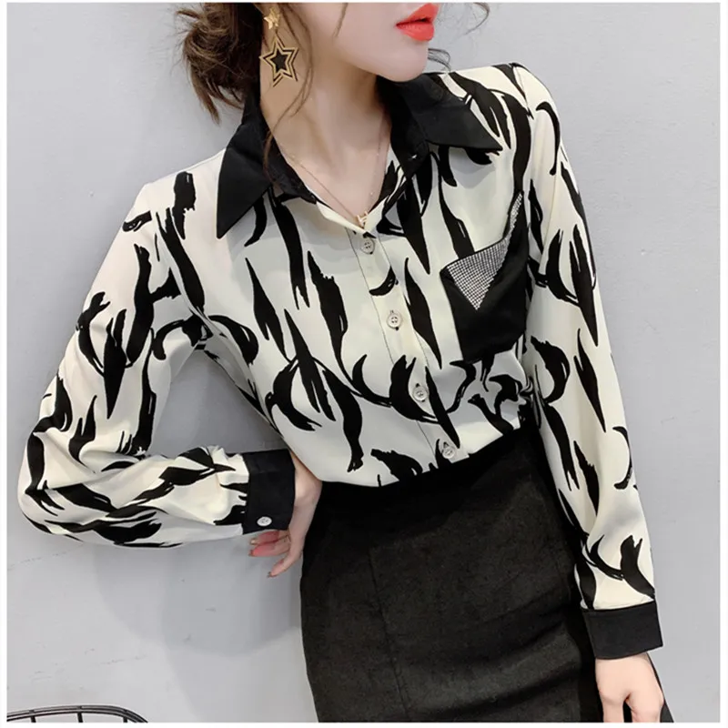 

Spring Fall European Clothes Patchwork Blouse Fashion Sexy Diamonds Pocket Printed Womens Tops Button Cardigan Shirts