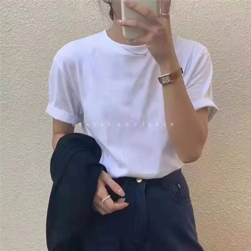

White bottoming shirt female Korean version loose cute cow round neck mid-length inner and outer short-sleeved top T-shirt