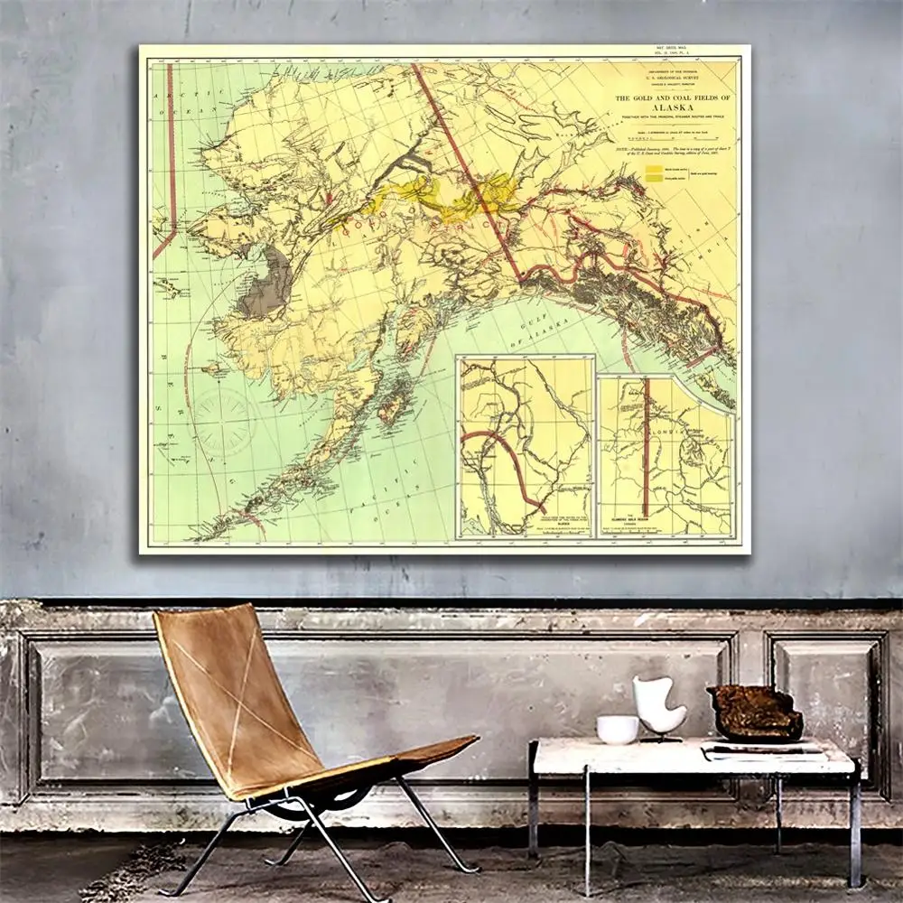 

1898 Edition Vintage Decor Map Wall Decor Painting The Gold And Coal Fields of ALASKA 90x90cm Spray Painting For Living Room