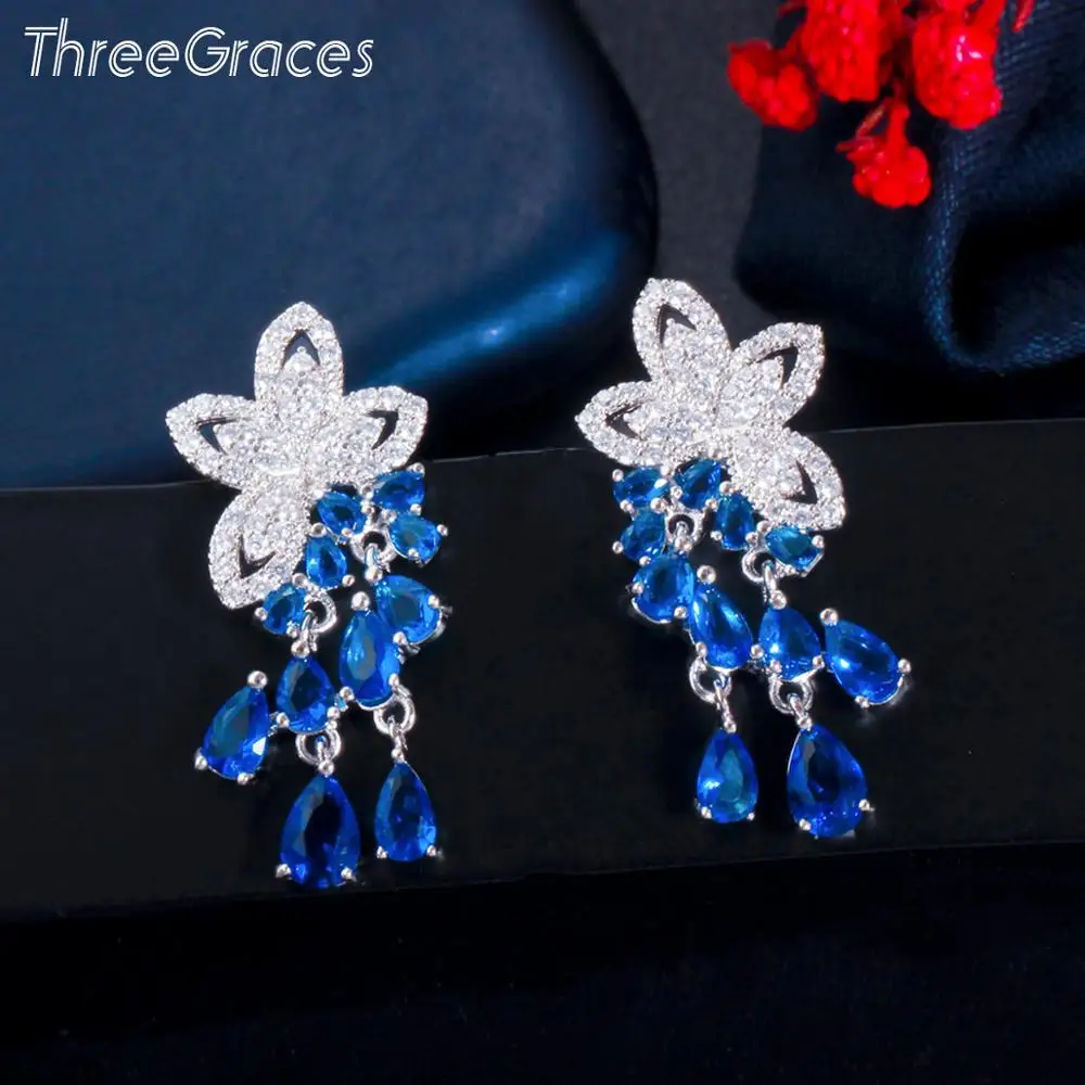 

ThreeGraces Feminine Flower Tassel Dangle Water Drop Earrings Shiny Blue CZ Pave 925 Silver Earring Ladies Party Jewelry ER508