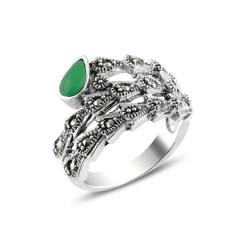 

Silverlina Silver Green Agate & Marcasite Ring