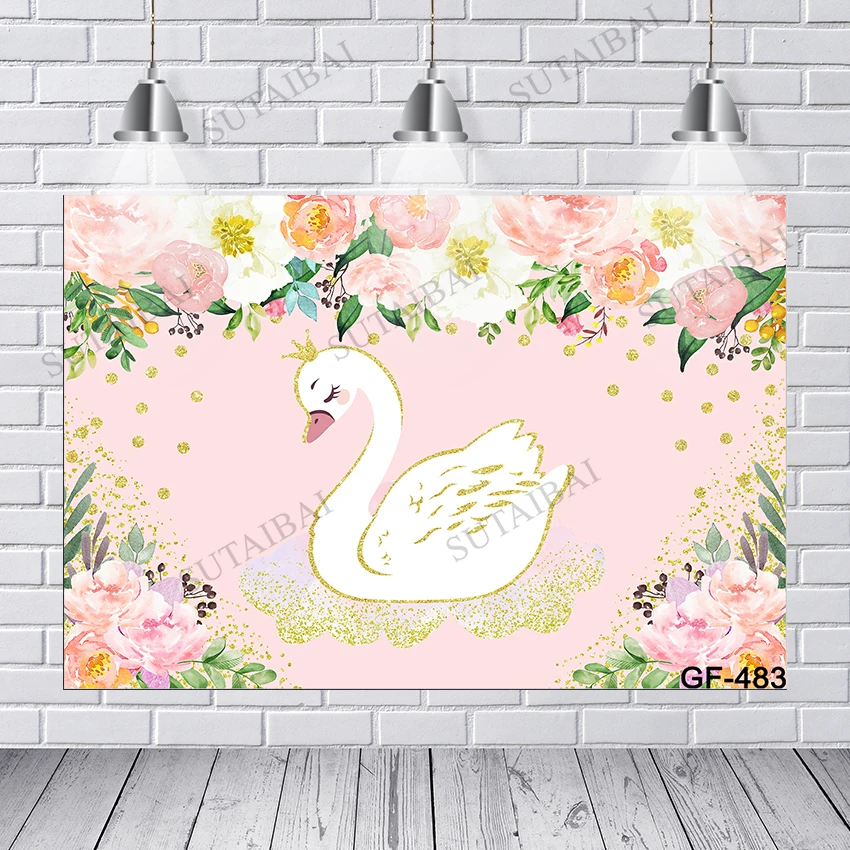 

sutaibai Swan Pink Background Happy Birthday Baby Shower Newborn Welcome Party Backdrops Photo Booth for Baby Photocall Decor