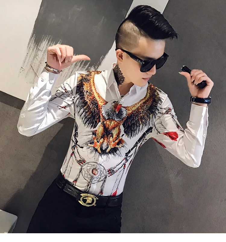 Осенняя мужская Модная приталенная рубашка с коротким рукавом Camisa Masculina, Повседневная Уличная Мужская рубашка с принтом орла