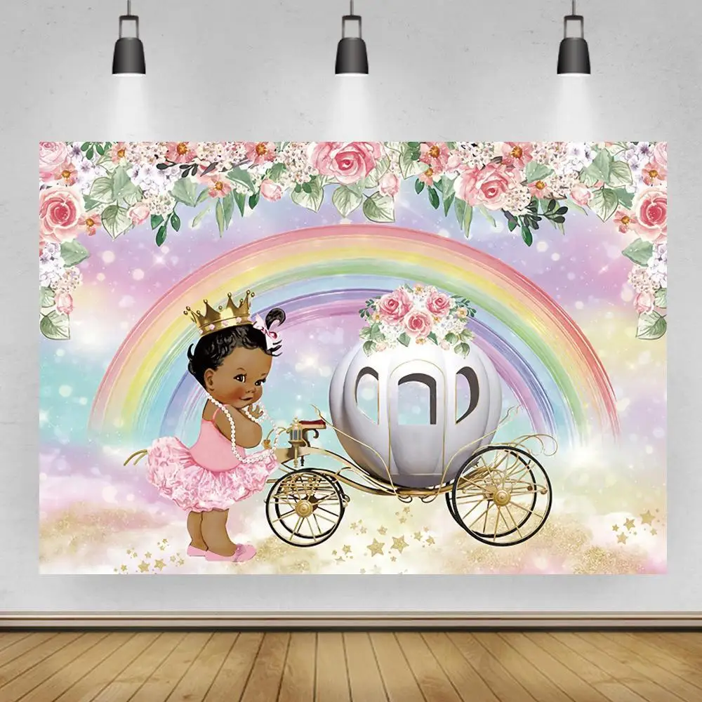 

Little Princess Background Flowers Pumpkin Carriage Rainbow Photography Backdrops Pink Girl Birthday Party Banner Wall Poster