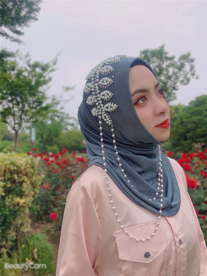 Цветочная шаль с бисером хиджаб тюрбан шляпа мусульманский шарф головной убор