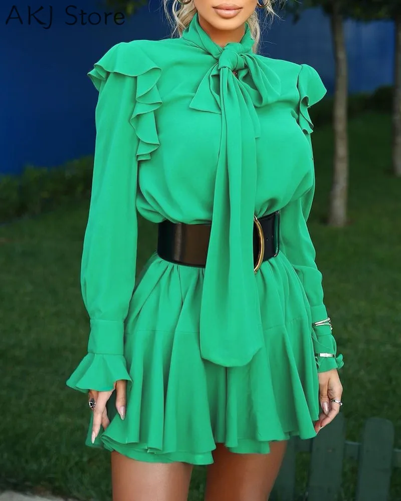 

Women Tie Neck Ruffles Design Long Butterfly Sleeve Casual Dress