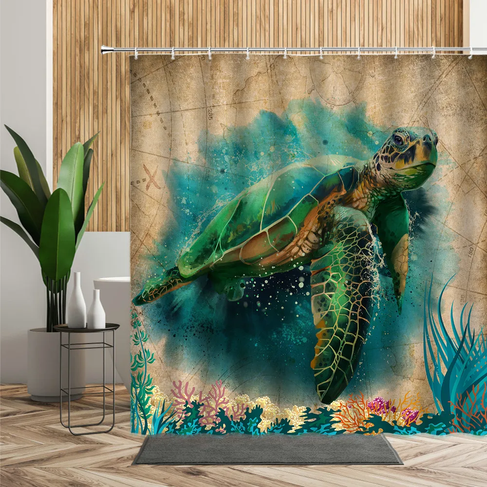 

Retro Nordic Style Shower Curtain Sea Turtle Design Pattern Bath Decors Waterproof 3D Creative Bathroom Curtains Set Wall Fabric