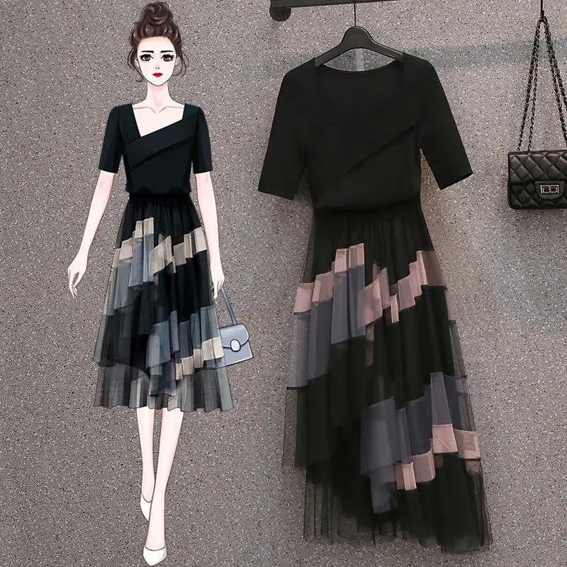 

2021 Summer New Style Korean Women's Fashion Splicing Irregular Short T Shirt Set Mesh Skirt Two-piece Suit Commuter Plus Size
