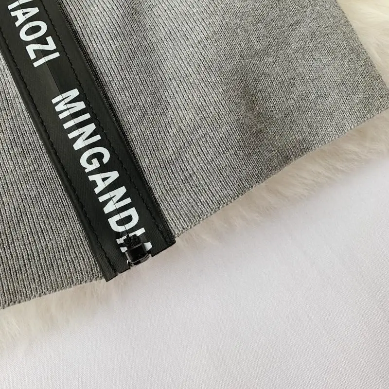 YornMona Women Designer Casual Dress Letter Zipper O-neck Knitted Bodycon Dress Winter Elegant Ladies Office Dress Vestidos
