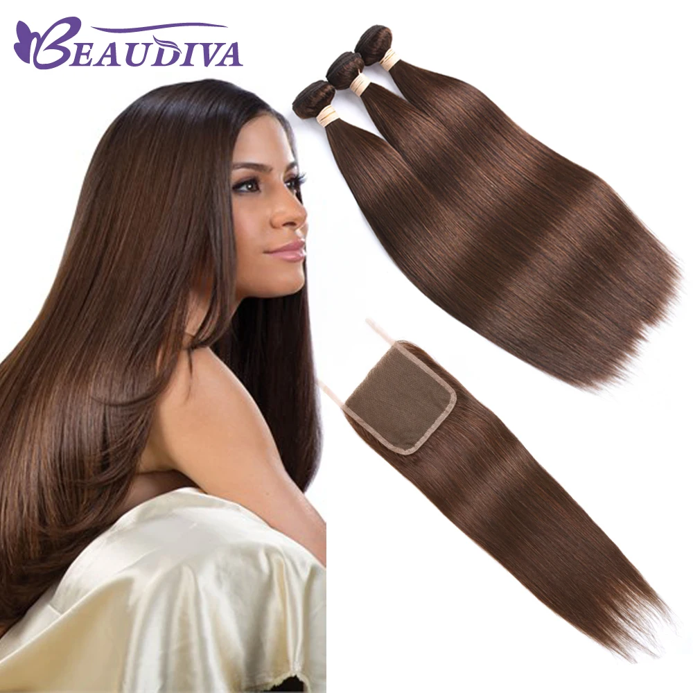 BEAUDIVA предварительно окрашенные человеческие волосы с закрытием 4*4 три пряди с закрытием 2#4# темно-коричневые бразильские прямые человеческие волосы