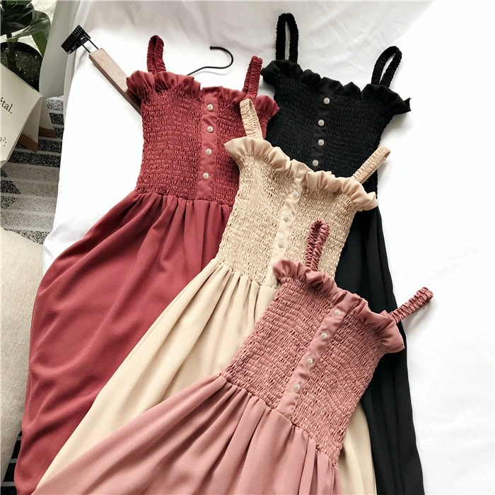 

Summer Women Dress Elegant Versatile Frilled Pleat Slim Camisole Mid-Length Dresses Fashion Vintage Clothes Sleeveless Sexy