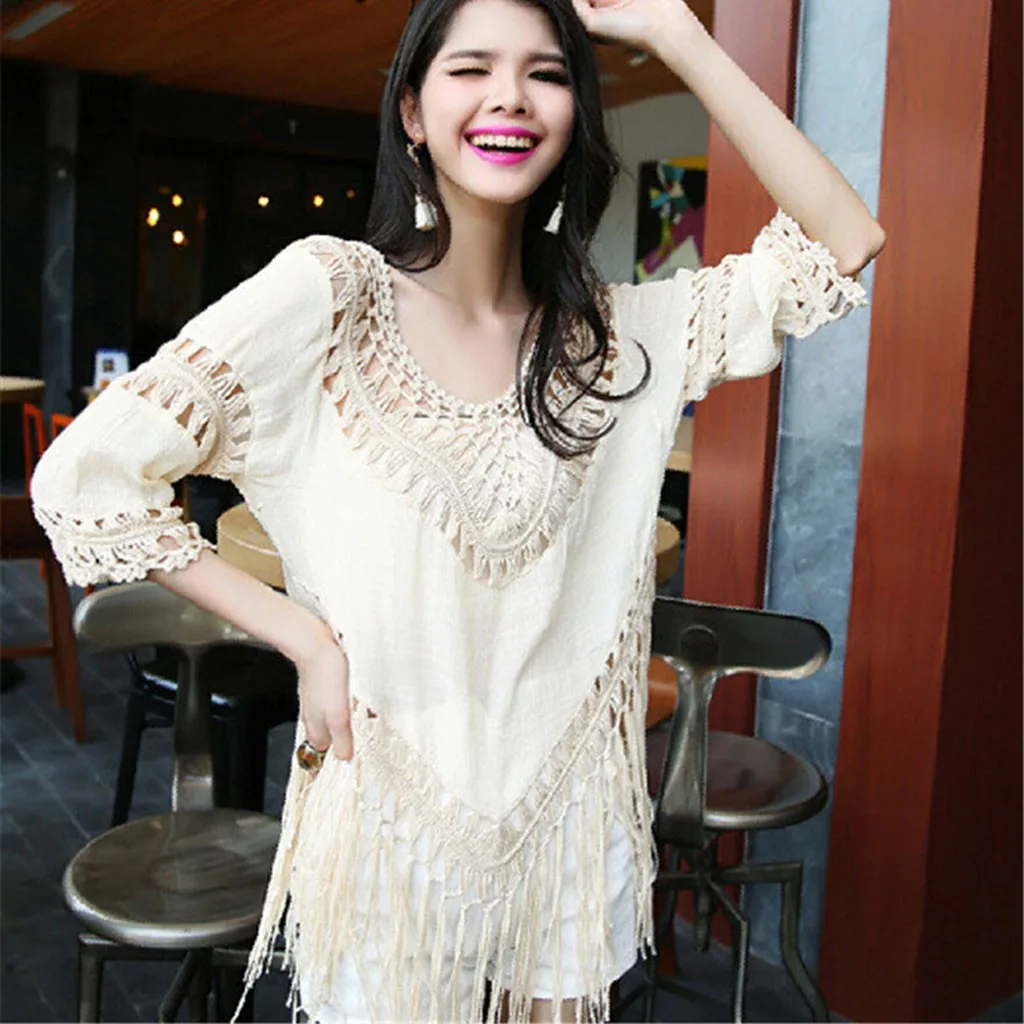 

Fashion Casual Loose Lace Blouse Women Beach Tassels Bikini Cover up Tops Swim Short Wrap Sarong Beachwear Blusas Summer Clothes