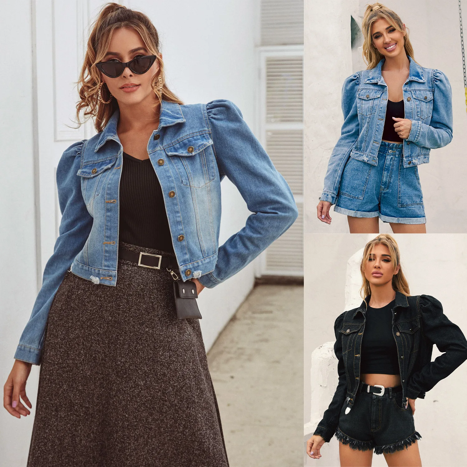 

FNOCE 2020 autumn women's ripped denim jackets street fashion casual long sleeve hole Single Breasted slim short coat and jacket