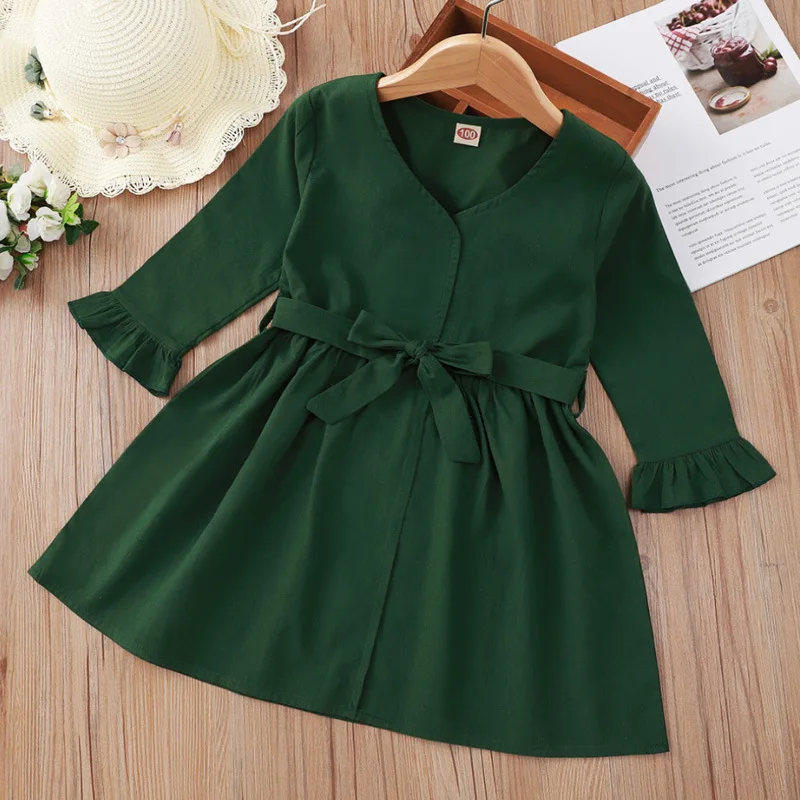

Autumn Kids Clothes Girls Dress Long Sleeve Casual Children Dresses Belt V Neck Shirt Dress Girl Clothing Flare Princess Dresses