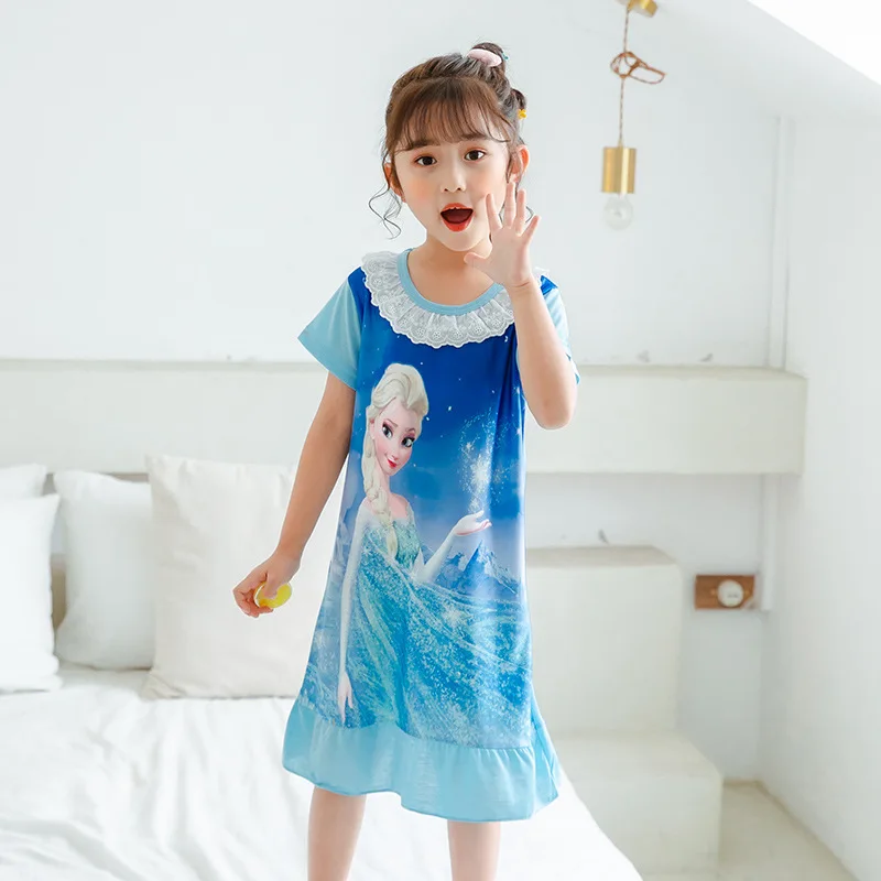 Disney Frozen Elsa kids thin cartoon girls 5-12 years old cartoon Snow White short-sleeved skirt Sophia female baby pajamas dres