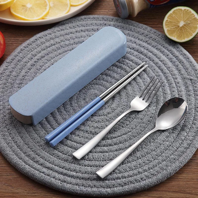 Portable Tableware Set Stainless Steel Dinnerware With Wheat Straw Handle Chopsticks Spoon Fork Travel Dinner A3 | Дом и сад