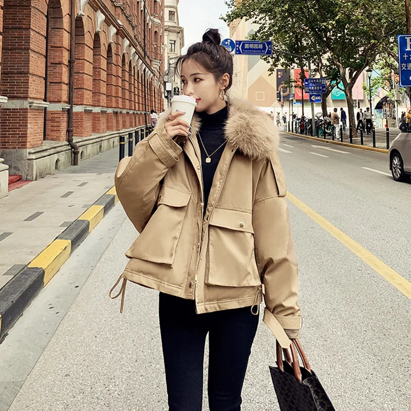 Real Fox Fur Collar Padded Jacket Winter Women Liner Plus Velvet Warm Parka Short Coats For Womans Korean Loose Outwear Mujer | Женская