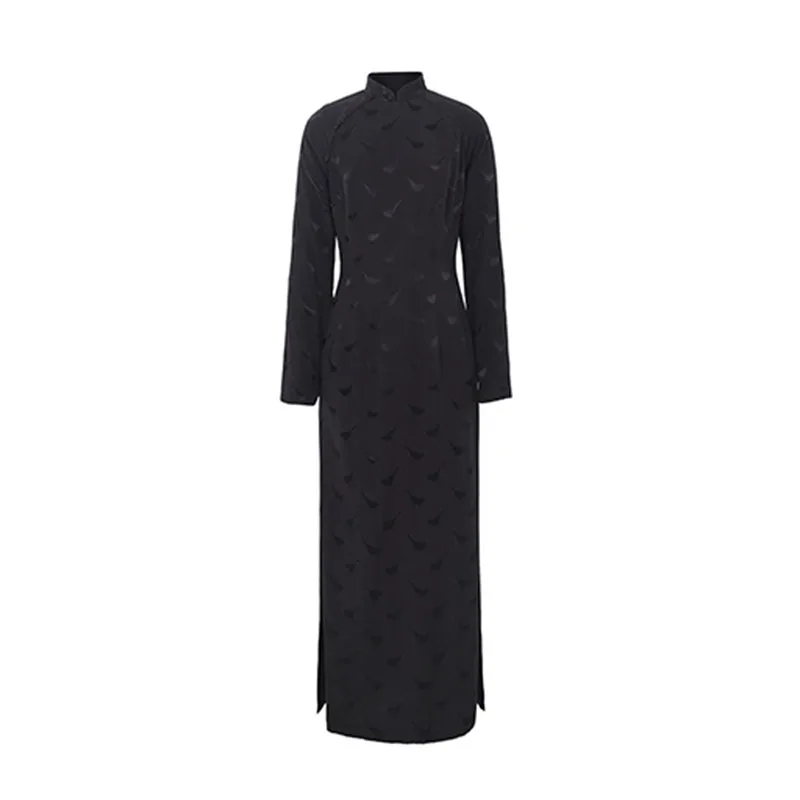 

XITAO Vintage Jacquard Dress Women Tide Fashion New Style Stand Collar Long Sleeve Button Side Split Elegant Personality ZY4742
