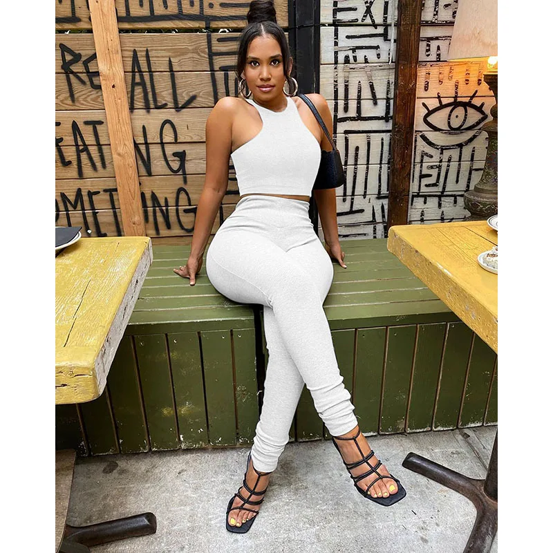 

Rib 2 Piece Set White Black Gym Clothes Athletic Yoga Set Sports Tops Stacked Pants Suits Ladies Streetwear Outfits