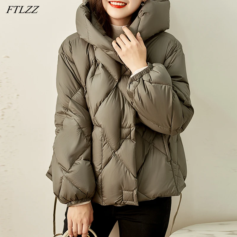 

FTLZZ Winter Hooded Light Feather Short Jacket Women High-quality Fluffy Puffer Coat Irregular Drawcord Hem Loose Down Outwear