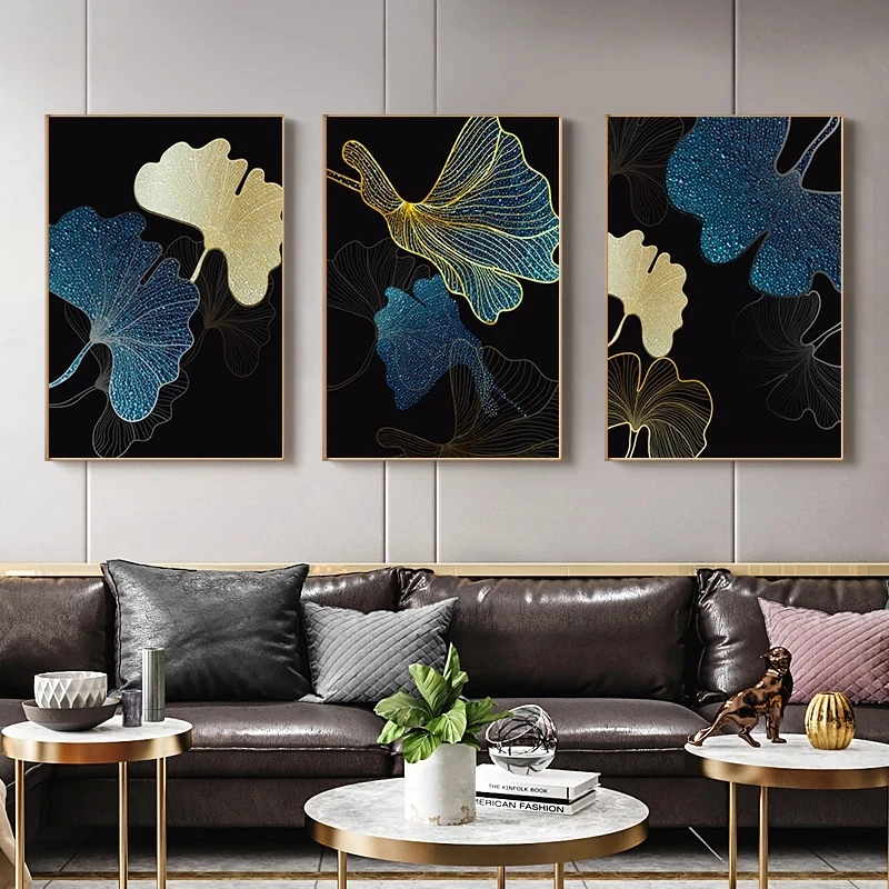 

Leaves Poster Gold Dark Blue Green Wall Art Print Canvas Painting Modern Art Mural Picture Living Room Decor No Framed