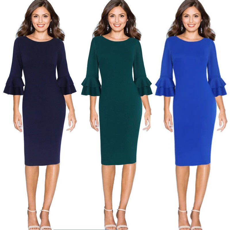 Женское платье элегантное однотонное платье-футляр средней длины с круглым