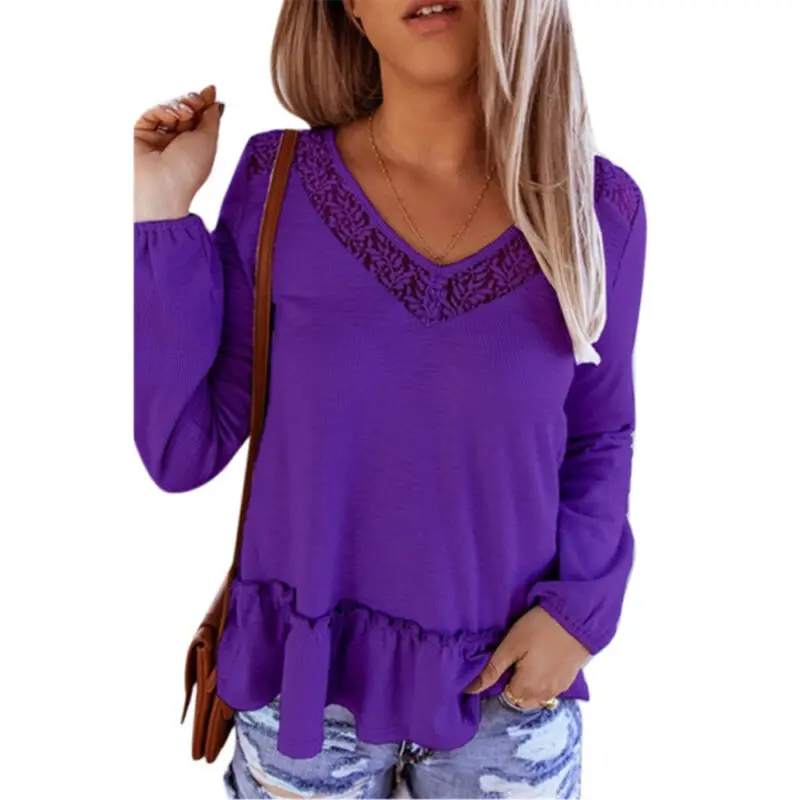 

Plus Size Women Lace V-neck Long Sleeve T-shirt Ladies Casual Jumper Tops Blouse