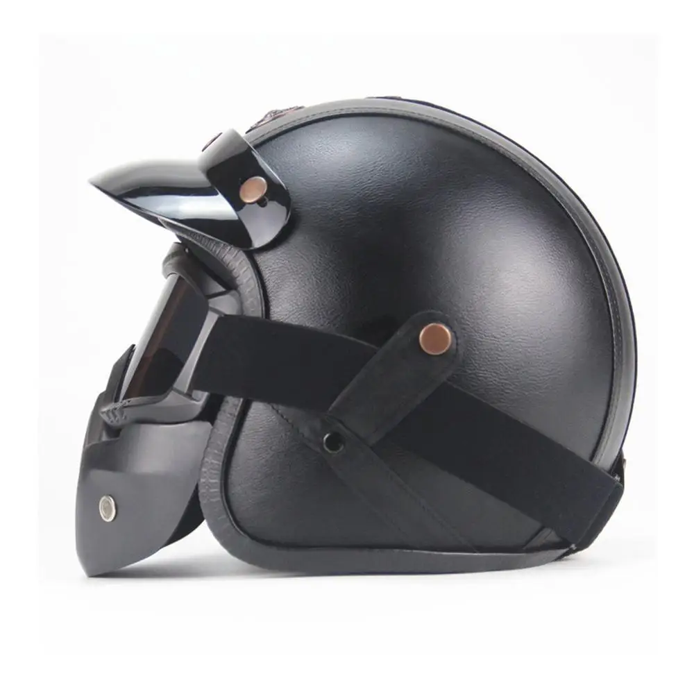 

Vintage Detachable Glasses And Mouth Filter Retro Mask Half Open Face Motorcycle Helmets 3/4 Leather Helmet