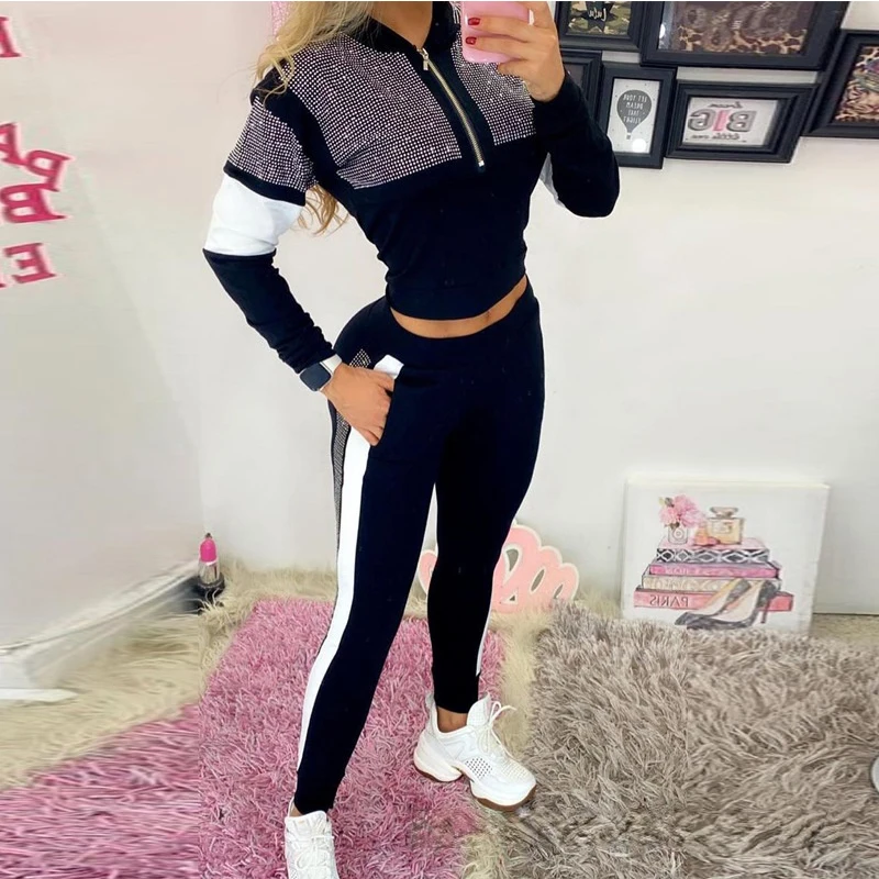 

Women Black Rhinestone Casual Patchwork Pullover stand collar long sleeve top & pant 2 piece sets pant sets