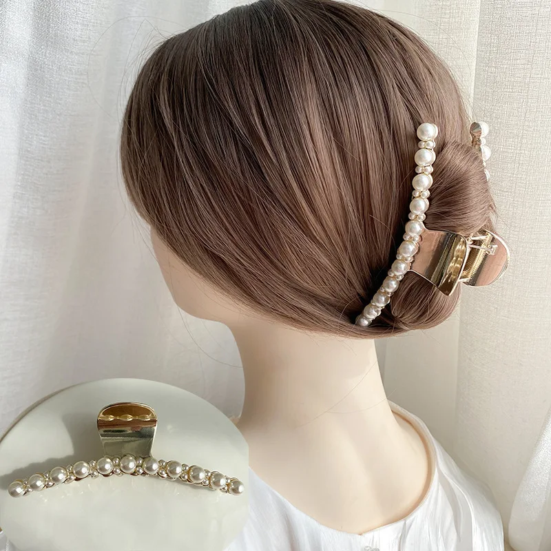 

New Korean Style Shining Rhinestone Pearl Big Geometric Metal Hair Claw Clip High-polished Hollow Hair Crab Elegant Hair Holder