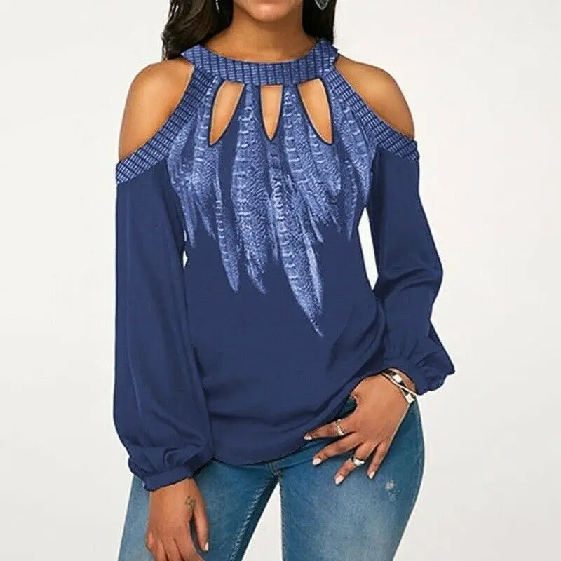 

Plus Size Women Cold Shoulder Long Sleeve Blouse Oversize Chiffon Shirt Casual Loose Feather Print Blouse Shirts Blusa S-5XL