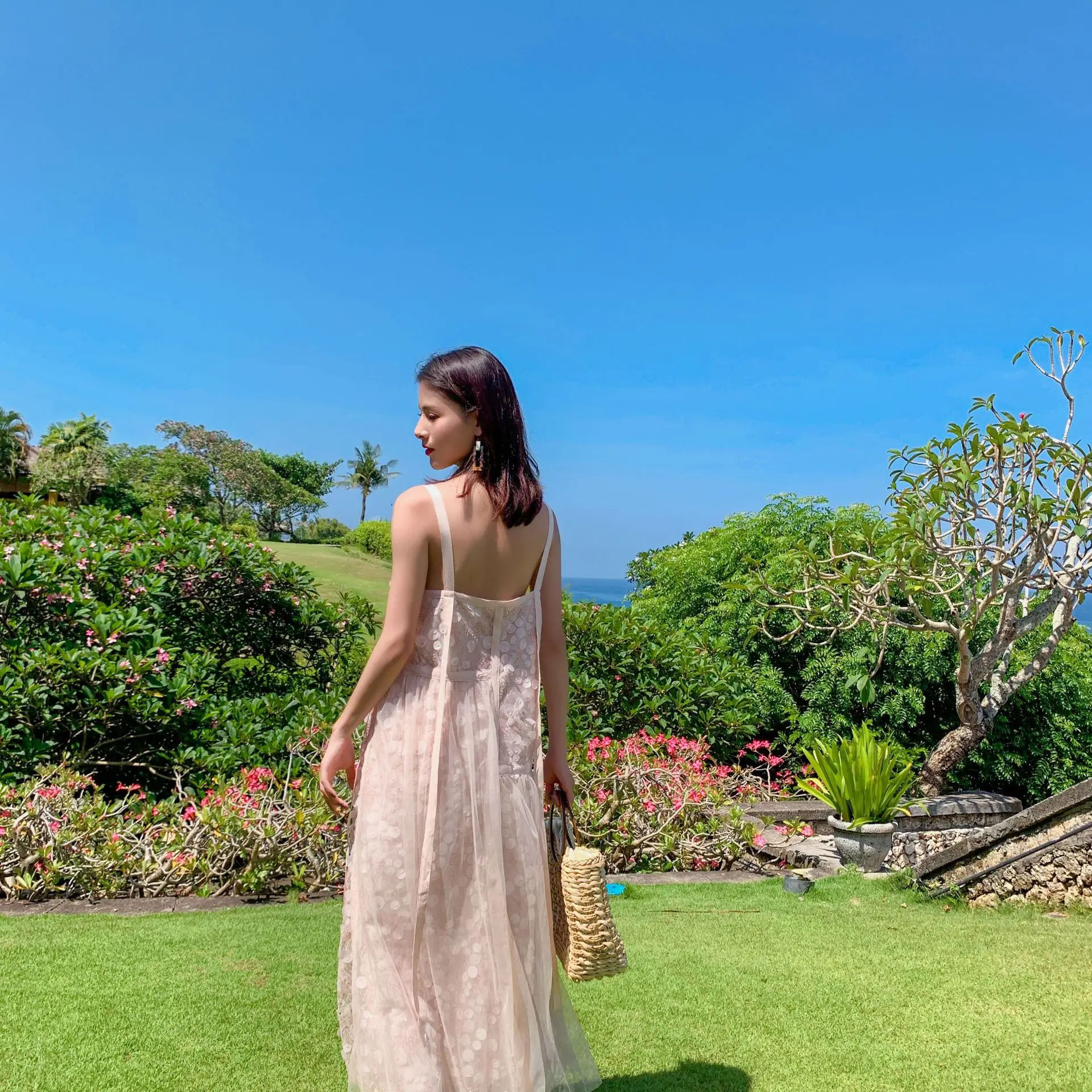 

Летнее женское платье из вуали с открытой спиной, сексуальное длинное вечернее платье на тонких бретельках с глубоким v-образным вырезом, Се...