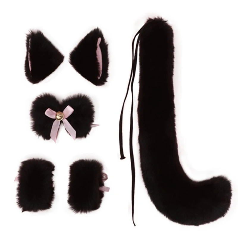 

Handmade Plush Cat Ears Hairband Hair Clip Tail Collar Set Cute Bows with Bells Gorgeous Gothic Cosplay Accessories