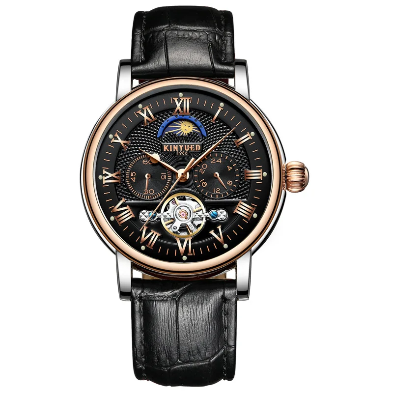 

KINYUED Men's Tourbillon Automatic Watch Men Skeleton Mechanical Watches Male Genuine Leather Waterproof Clock relogio masculino