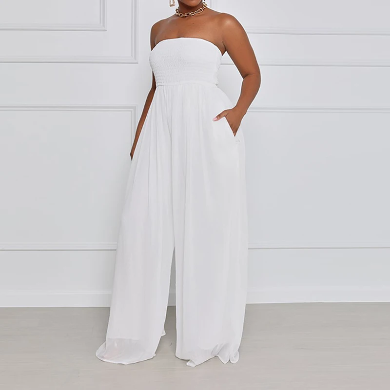 

4 Colors Women Summer Solid Fashion Chiffon Chest Wrapped One Piece Jumpsuit Casual Flared Pants Romper Women