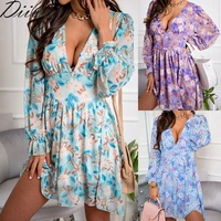 diiwii summer sexy long sleeve printed v neck fashion dress long skirt mini plus size dress ladies 2021 party dress