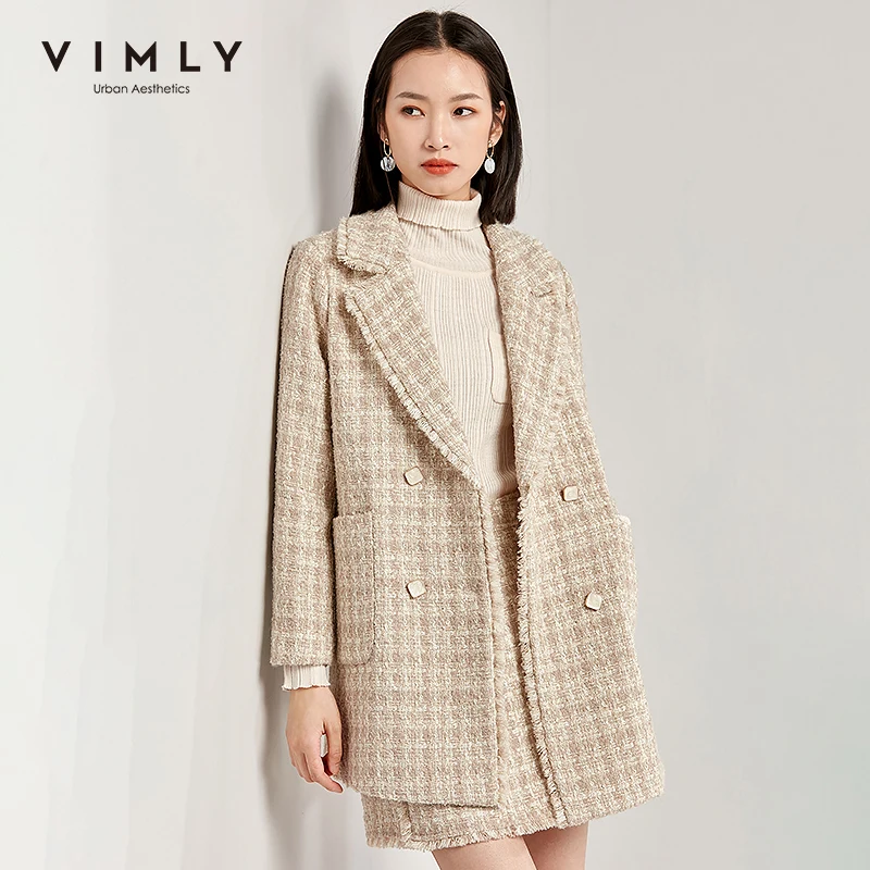 Женское твидовое шерстяное пальто Vimly осенне зимнее элегантное двубортное с