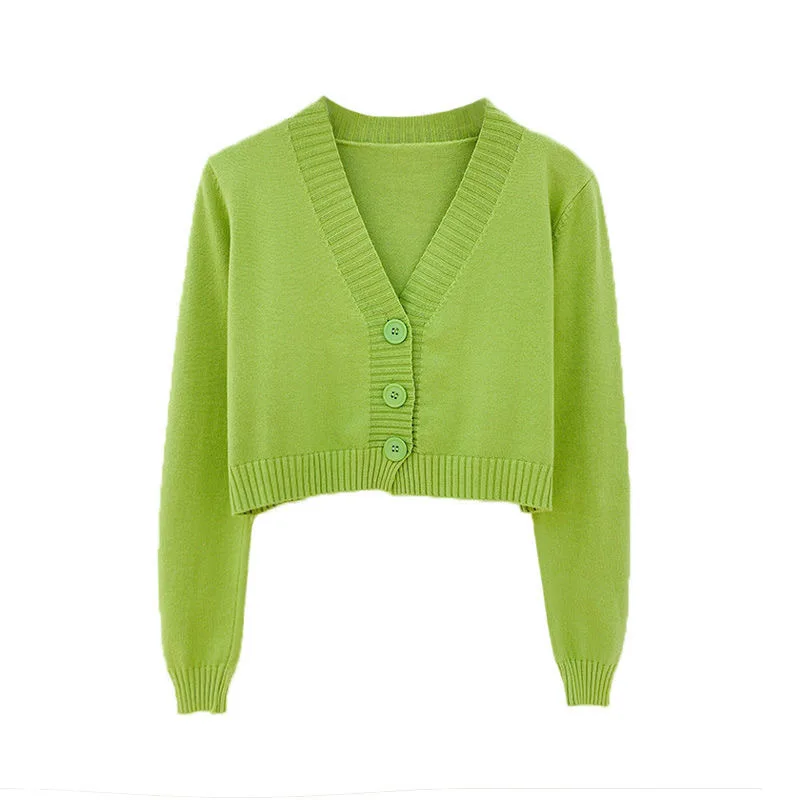 

2021 Spring Autumn Women Knitted Crop Cardigan Long Sleeve V Neck Crop Sweater Tops Female Button Up Cardigans 9 Colors