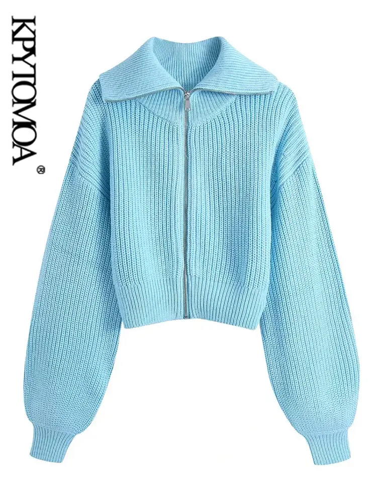 KPYTOMOA Women Fashion Zip-up Cropped Knit Cardigan Sweater Vintage High Neck Lantern Sleeve Female Outerwear Chic Tops |