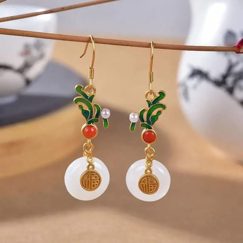 

Vintage for Cheongsam Pearl Earrings 2020 Spring Hetian Jade Cloisonne Cloisonne Enamel Burnt Blue Earrings