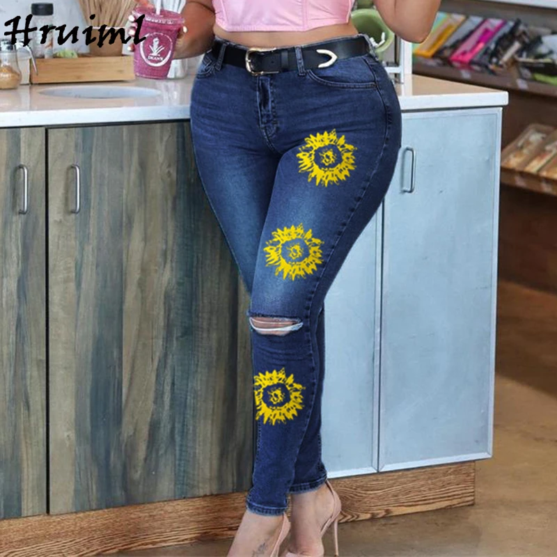 

Pants Women Sunflower Pattern Slim-fit Fashion New Denim Pants Skinny Casual Solid Color Hole Personalized Vetement Femme