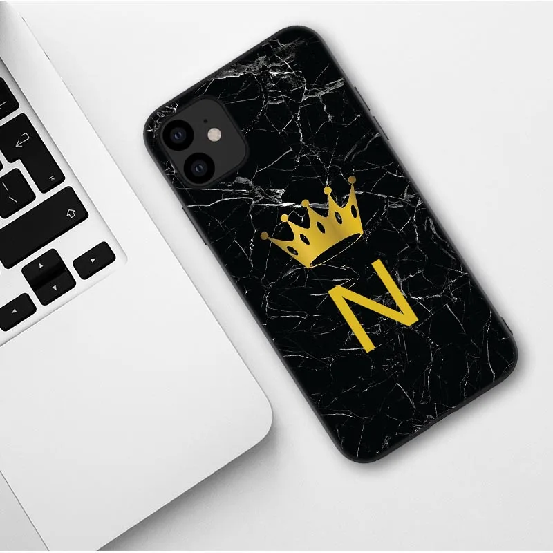 TPU Пользовательский именной чехол для телефона для iphone 11 Pro Max с надписью монограмма черный мрамор Золотая Корона чехол для iphone X XR XS MAX 6 7 8 Pus - Цвет: TPU