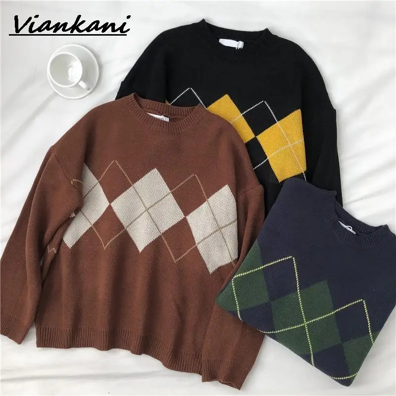 

Women Autumn Knitted Sweater Argyle Oversize Pullover Jumper Casual O Neck Vintage Plaid Long Sleeve Loose Black Tops 2021