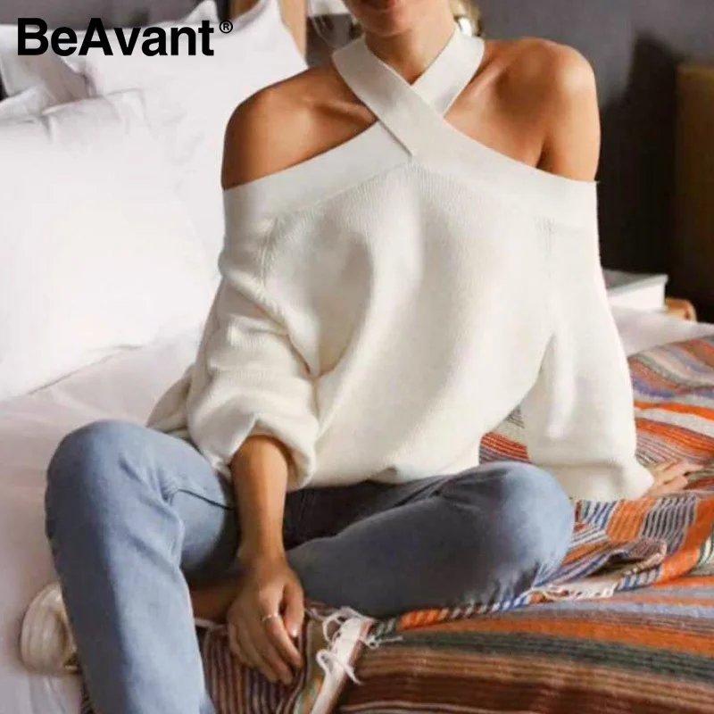 BeAvant Модные женские свитера с бретелькой через шею элегантные весенние белые