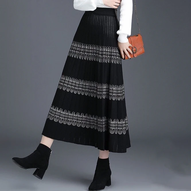 

2021 New Knitted Women's A-line Skirt Mid Autumn Winter Long Wrap Hip High Waist Thickenin Printed Skirt Girl's Wool Skirt Black