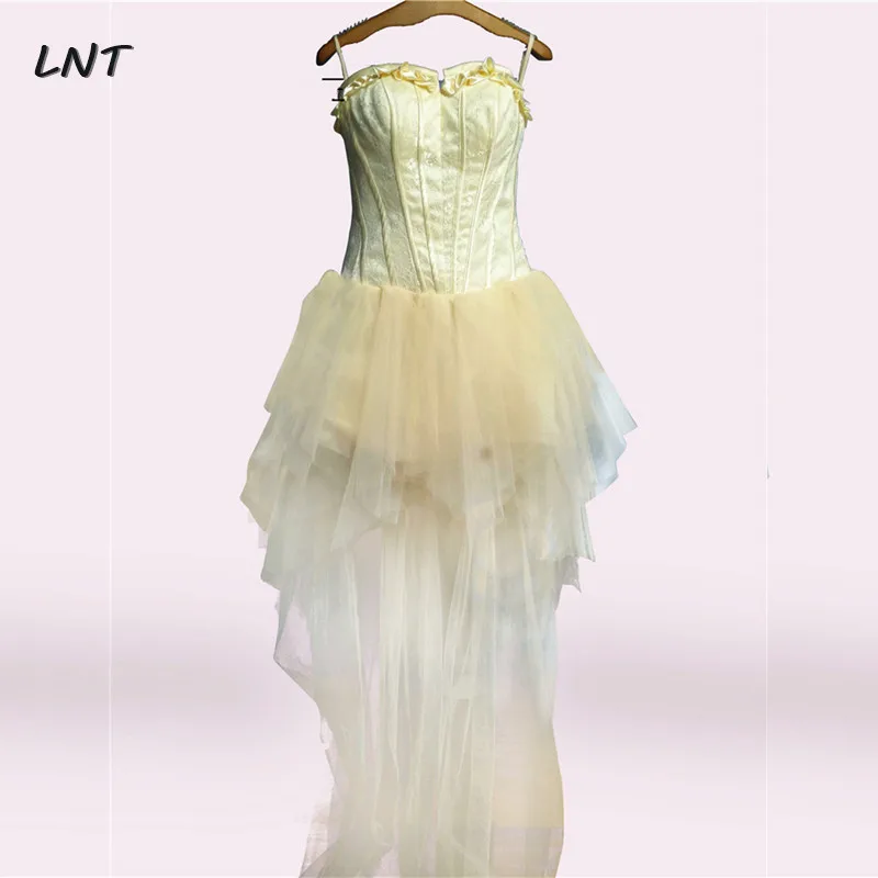 

Sleeveless Vintage High Low Wedding Dress Corset Short Homecoming Party Dress with Tiered Skirt